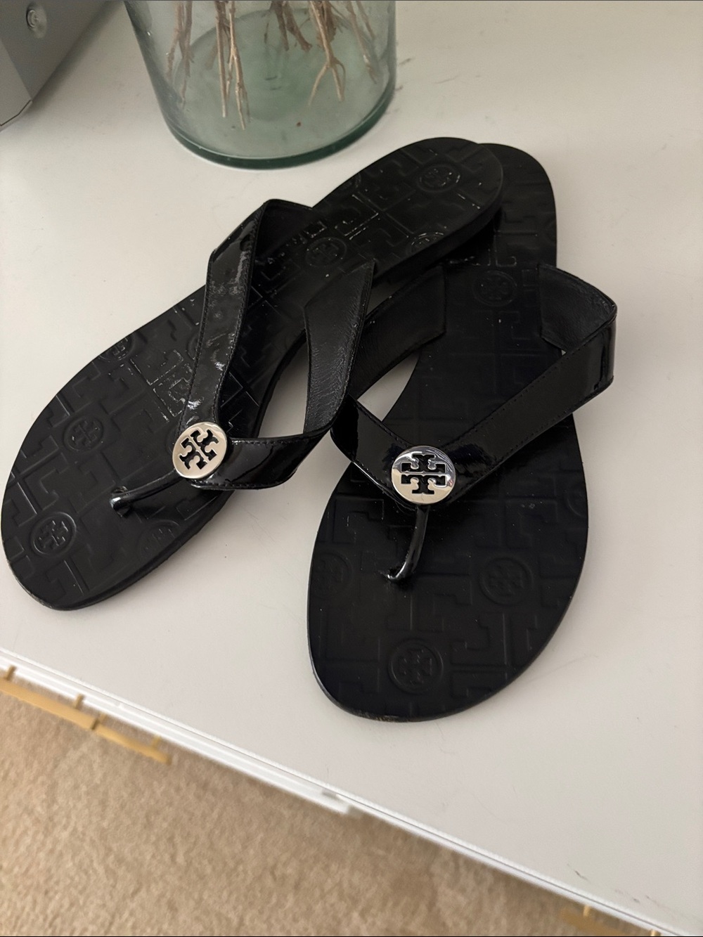 Tory Burch Black Patent Logo Thong Sandals